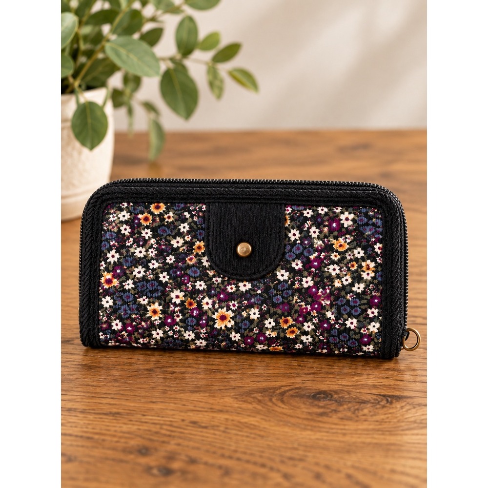 LEI Floral Corduroy Zip Around Wallet Black Purple Y2K Boho Organizer